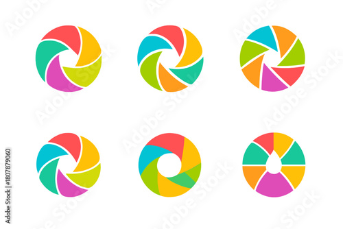 Dynamic Colorful Logos. Vibrant colors. Icon set. Set Logo of vibrant colors: color wheel with dynamic segments. harmonious logo variations of the same
