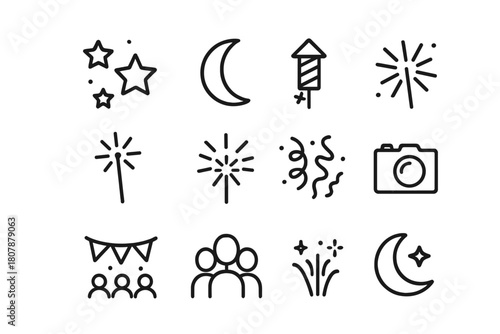 Festive Night Icons. Festive night. Line icon set of festive night: stars, moon, rocket firework, sparkler, burst, confetti, banner, crowd, camera, balloon,