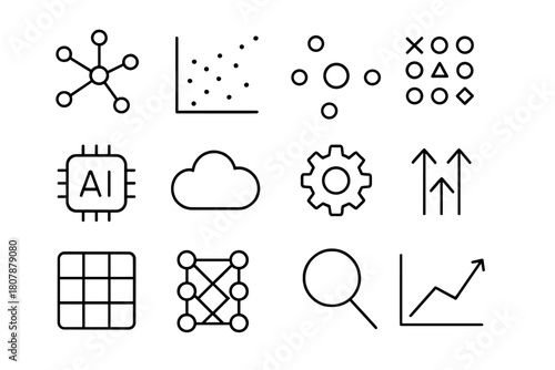 Unsupervised Learning Icons. Unsupervised learning. Line icon set of unsupervised learning: cluster nodes, scatter plot, centroid, pattern discovery, AI chip,