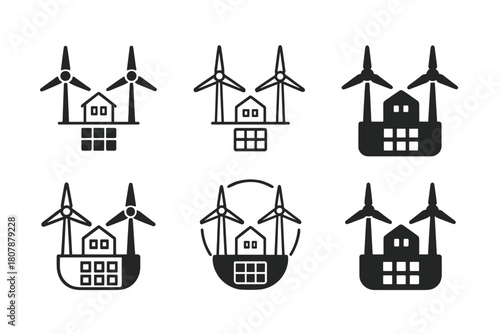 Microgrid Systems Logos. Microgrid systems. Icon set. Set Logo of Microgrid systems: Wind turbines with local grid. harmonious logo variations of the same