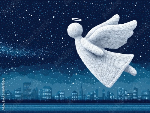 A Christmas angel flies across the starry sky above a winter city at night. Illustration for a New Year's card or children's book.