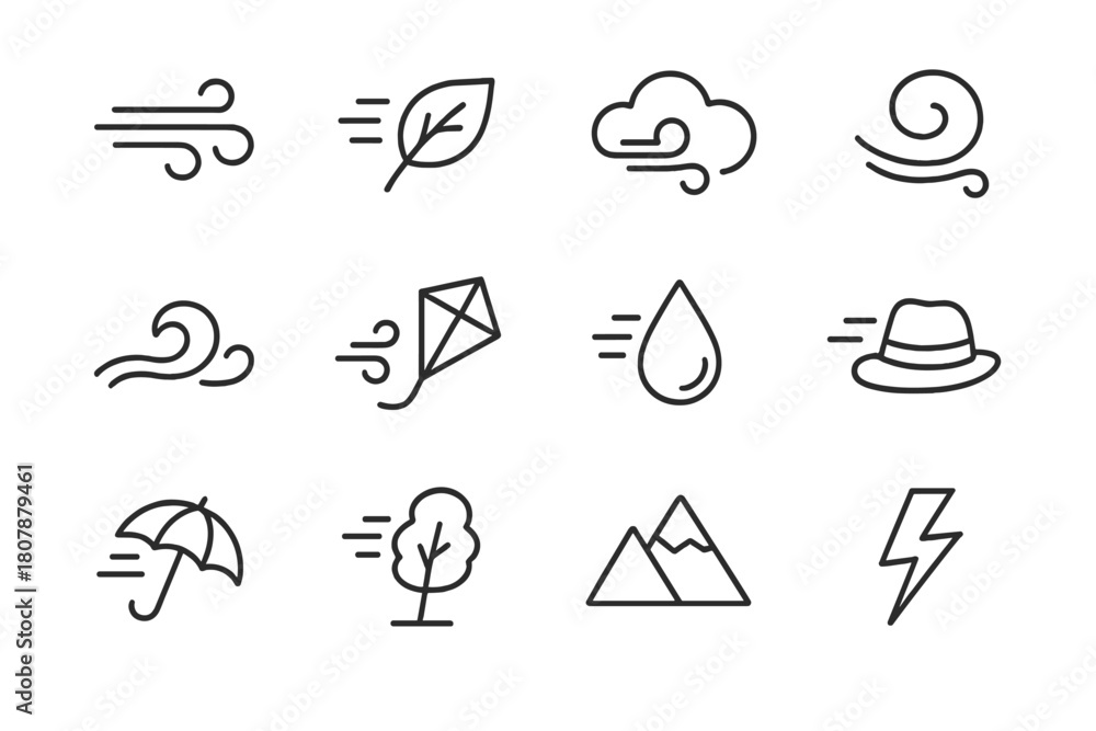 Fototapeta premium Wind Motion Icons. Wind and motion. Line icon set of wind and motion: gust lines, leaf, cloud, swirl, wave, kite, droplet, hat, umbrella, tree, mountain,