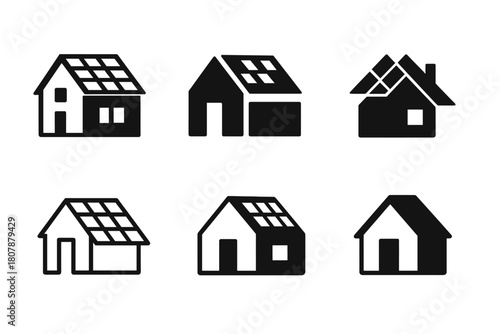 Solar Roofing Icons. Solar roofing systems. Icon set. Set Logo of solar roofing systems: installer hand with wrench over panel. harmonious logo variations of