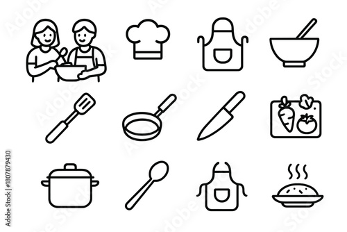 Friends Cooking Icons. Two friends cooking together, preparing a meal for a special occasion. Line icon set of Two friends cooking together, preparing a meal