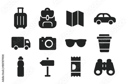 Traveler Essentials Icons. Traveler essentials. Solid icon set of Traveler essentials: suitcase, backpack, map, car, truck, camera, sunglasses, coffee cup,