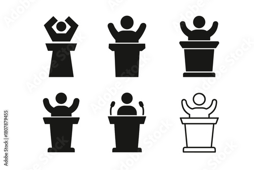 Public Speaking Icons. Public speaking. Line icon set of public speaking: microphone, podium, audience, speech bubble, light bulb, notebook, hand gesture,