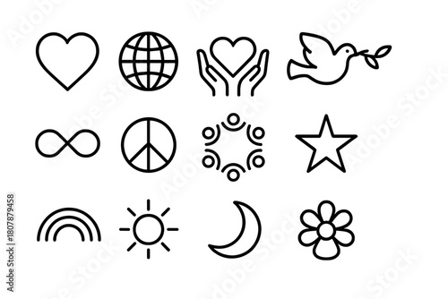 Universal Love Icons. Universal love. Line icon set of universal love: heart, globe, hands holding, dove, infinity symbol, peace sign, people circle, star,