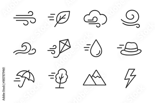 Wind Motion Icons. Wind and motion. Line icon set of wind and motion: gust lines, leaf, cloud, swirl, wave, kite, droplet, hat, umbrella, tree, mountain,