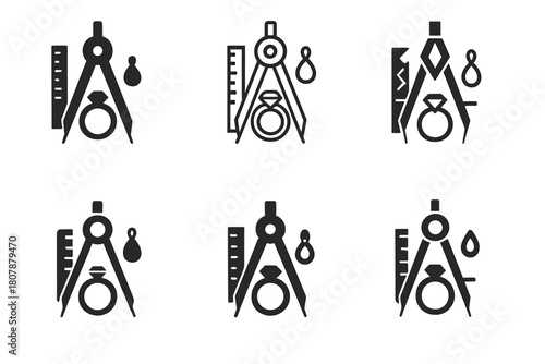 Jewelry Design Icons. Creating jewelry. Icon set. Set Logo of creating jewelry: ring and pendant design with compass and ruler. harmonious logo variations of