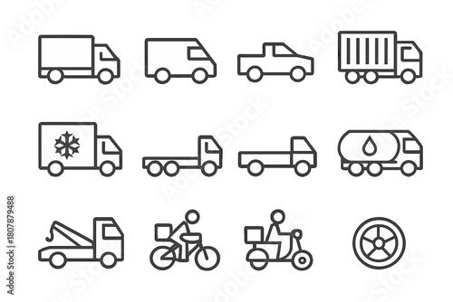 Delivery Vehicle Icons. Delivery vehicles. Line icon set of delivery vehicles: delivery truck, van, pickup truck, cargo truck, refrigerated truck,