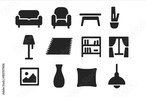 Black & White Interiors. Black & White Interiors. Solid icon set of Black & White Interiors: sofa, armchair, coffee table, floor lamp, rug, bookshelf, wall