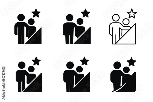 Mentorship Icon Set. Mentorship. Solid icon set of mentorship: person teaching, book, handshake, people group, lightbulb, speech bubble, star, document,