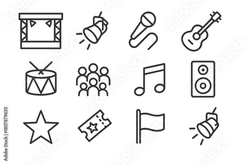 Live Concert Icons. Live Concert. Line icon set of Live Concert: stage, spotlight, microphone, guitar, drum, crowd, music note, speaker, star, ticket, flag,