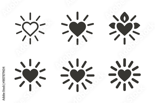 Radiating Heart Symbols. Spiritual growth and finding purpose. Icon set. Set Logo of Spiritual growth and finding purpose: radiating heart symbol. harmonious