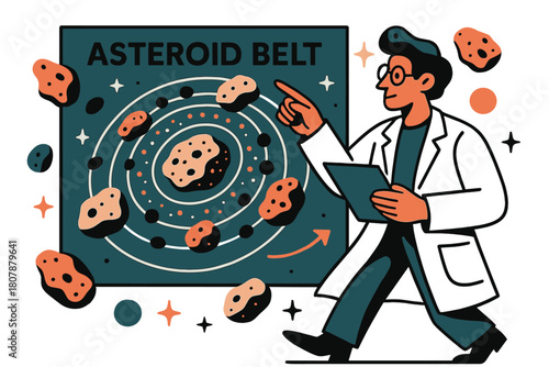 Celestial Mapping Exploration. Asteroid belt studies. Astronomer pointing at asteroid belt map with abstract floating asteroids, orbit paths, and sparkles;