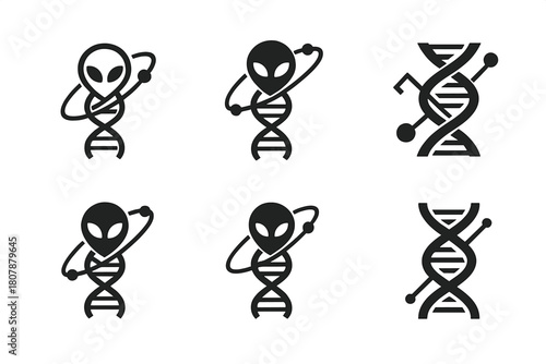 Alien Life Logos. Exploring the possibility of alien life in distant star systems. Icon set. Set Logo of alien life exploration: stylized alien microbe inside