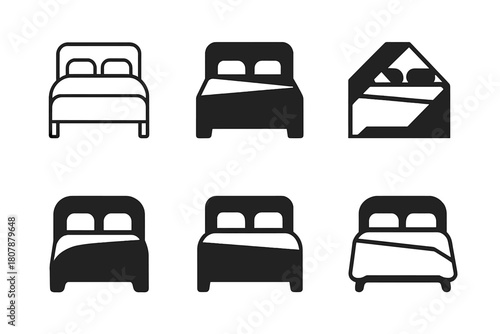 Bedroom Linens Logos. Transforming a bedroom with new linens. Icon set. Set Logo of transforming a bedroom with new linens: neatly made bed. harmonious logo