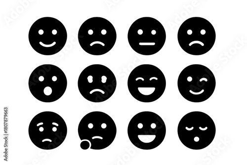 Emotional Faces Icons. Emotional Faces. Solid icon set of Emotional Faces: happy face, sad face, neutral face, angry face, surprised face, crying face,