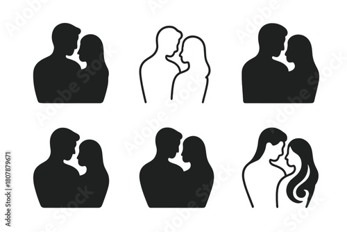 Relationship Emblem Icons. Anniversaries and milestone moments in relationships. Icon set. Set Logo of togetherness: couple silhouettes. harmonious logo