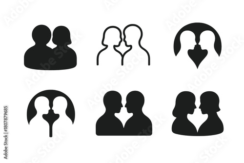 Relationship Emblem Icons. Anniversaries and milestone moments in relationships. Icon set. Set Logo of togetherness: couple silhouettes. harmonious logo