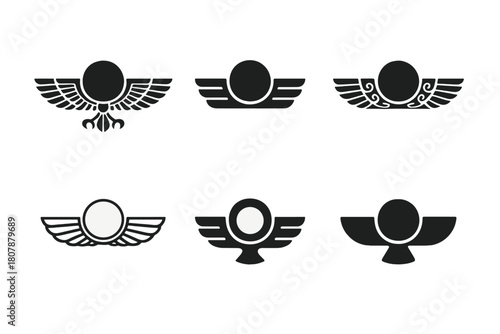 Mythology Logo Set. Mythology stories. Icon set. Set Logo of mythology stories: sun disk. harmonious logo variations of the same emblematic concept, each with