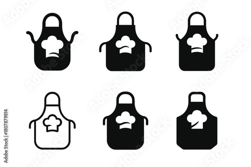 Baker Apron Logos. Baker?s apron. Icon set. Set Logo of baker?s apron: classic apron with front pocket and neck strap. harmonious logo variations of the same