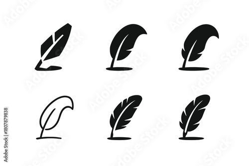 Symbolic Feather Logos. Crushed spirit. Icon set. Set Logo of crushed spirit: drooping feather symbol of lost strength. harmonious logo variations of the same