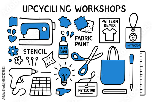 Upcycling Workshop Tools. // Upcycling workshops. Hand-drawn doodle illustration upcycling workshops [sewing machine (accented), fabric scraps (accented),