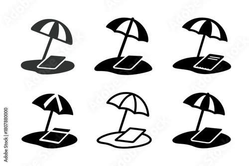 Empty Beach Icons. Empty Beach. Icon set. Set Logo of Empty Beach: tranquil seashore line art. harmonious logo variations of the same emblematic concept, each