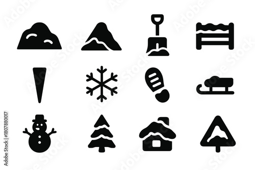 Snow Mound Icons. Snow Mounds. Solid icon set of Snow Mounds: snowdrift, plow pile, snow shovel, snow fence, icicle, snowflake, boot print, sled, snowman, pine