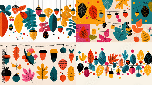 Colorful autumn garland illustration featuring hanging leaves, acorns, berries, and decorative shapes in warm and vibrant tones. Ideal for seasonal banners, invitations, and craft designs.