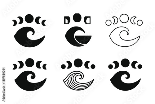 Moon Phases Logos. Moon phases. Icon set. Set Logo of moon phases: ocean tide wave paired with lunar phase row. harmonious logo variations of the
