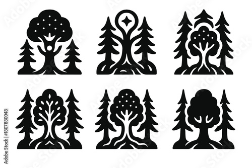 Wishing Tree Icons. A magical tree that grants wishes in an ancient forest. Icon set. Set Logo of Wishing Tree: Enchanted tree with glowing leaves. Minimal
