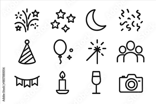 Celebration Icons. Group joy. Line icon set of group joy: people group, smile, heart, music note, dancing couple, clinking glasses, fireworks, confetti, cake,