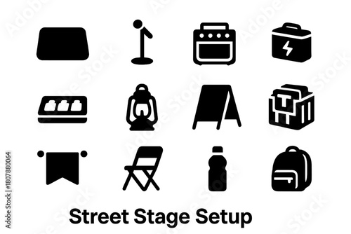 Street Stage Icons. Street Stage Setup. Solid icon set of Street Stage Setup: rug, mic stand, amp, battery pack, pedalboard, lantern, chalk sign, merch crate,