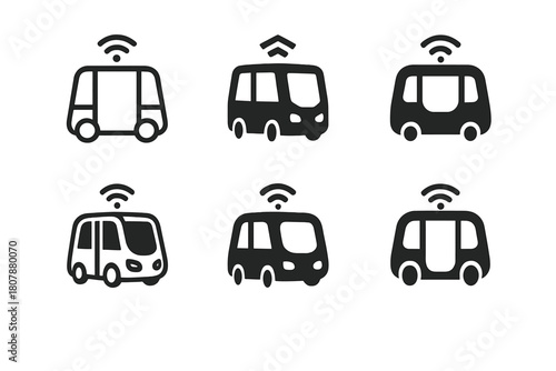 Autonomous Transport Logos. autonomous public transport. Icon set. Set Logo of autonomous public transport: sensor-equipped minibus. harmonious logo variations