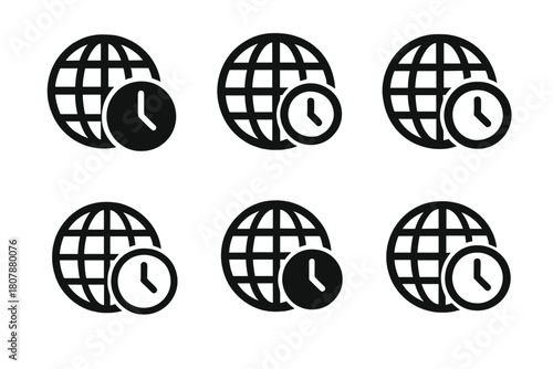 Time Zone Icons. Time zone awareness tools. Icon set. Set Logo of Time zone awareness tools: Calendar with global time. harmonious logo variations of the same