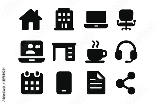 Office Remote Icons. Office & Remote. Solid icon set of Office & Remote: home, office building, laptop, video call, desk, chair, calendar, coffee