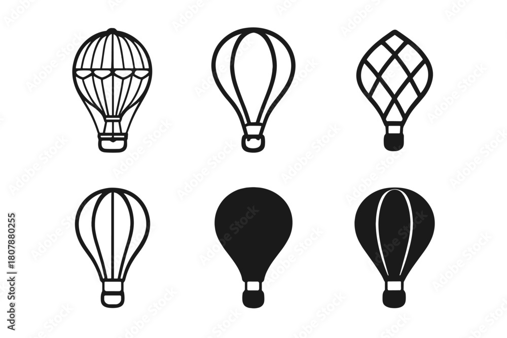 Fototapeta premium Vintage Balloon Icons. Vintage travel. Icon set. Set Logo of Hot Air Balloon: Retro flight. Stylized detail, Abstract geometric, Minimal outline, Filled