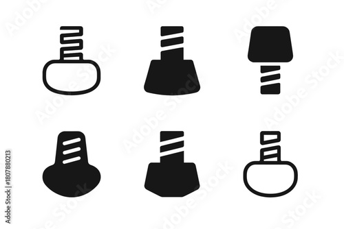 Roller Skate Stopper Logos. Roller skate stopper. Icon set. Set Logo of roller skate stopper: brake block with bolt. harmonious logo variations of the same