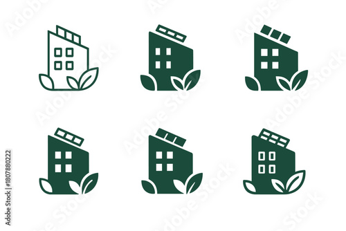 Sustainable Building Icons. Energy-efficient buildings. Icon set. Set Logo of energy-efficient buildings: modern architectural structure symbolizing