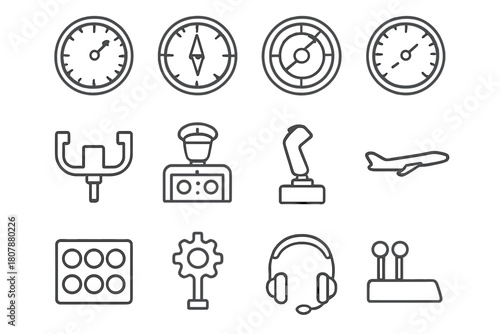 Flight Instruments Icons. Flight instruments. Line icon set of flight instruments: altimeter, compass, radar, speedometer, control stick, autopilot, joystick,