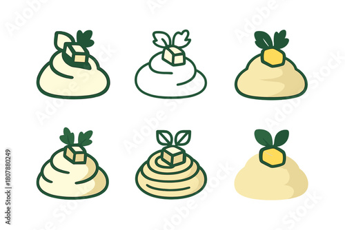 Mashed Potato Logos. Mashed potato mound. Icon set. Set Logo of mashed potato mound: serving spoon scooping mashed potatoes. harmonious logo variations of the