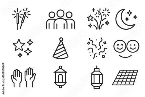 Festive Icon Set. Festive celebration. Line icon set of Festive celebration: party hat, confetti, streamer rolls, balloons, ribbon, gift box, cake, cocktail