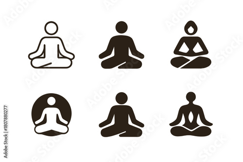 Mindful Emblem Logos. Learning mindfulness for stress relief. Icon set. Set Logo of Learning mindfulness for stress relief: Meditation pose. harmonious logo