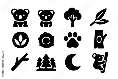 Koala Life Icons. Koala Life. Solid icon set of Koala Life: koala, baby koala, tree, eucalyptus branch, leaves, nest, paw print, tree hollow, branch, forest,