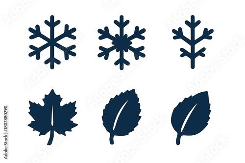 Frosted Leaf Icons. Ice crystals on a frozen pond. Icon set. Set Logo of Frosted Leaves: Leaves frozen on surface. Negative space, Symmetrical form, Flat