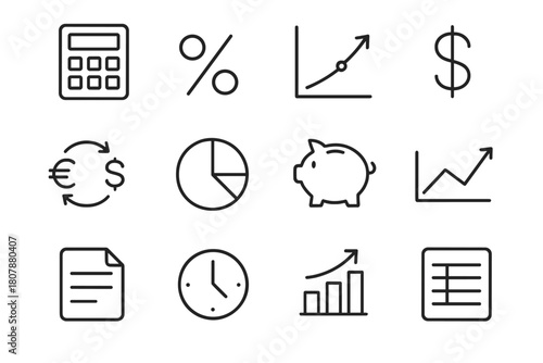 Financial Icon Set. Financial gain. Solid icon set of financial gain: dollar sign, coin stack, graph, arrow up, briefcase, hand, bag, calculator, shield,