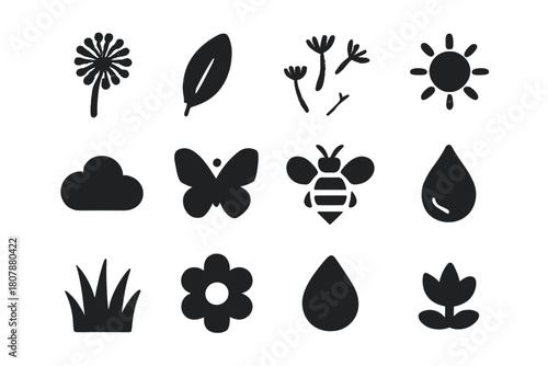 Black Garden Icons. Garden scene. Solid icon set of Garden scene: dandelion, stem, leaf, seed puff, seeds, sun, cloud, butterfly, bee, dew drop, grass, flower.
