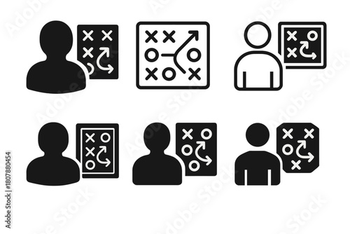 Strategy Game Logos. Engaging in a strategy game. Icon set. Set Logo of engaging in a strategy game: player analyzing a map with direction arrows. harmonious